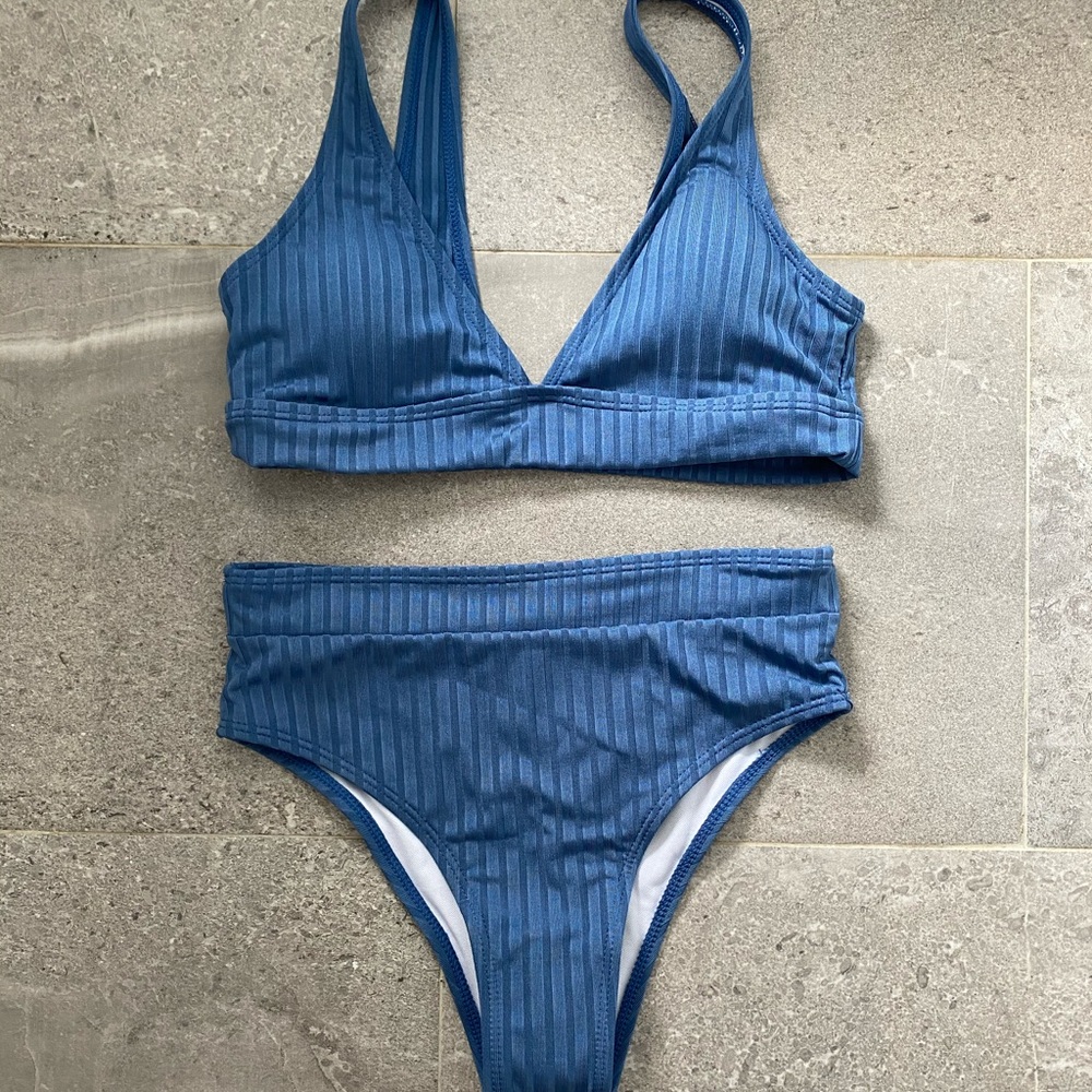 SHEIN Bikini Blue Ribbed High Waisted